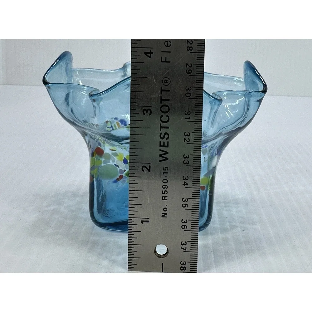 Slow Burn Glass Signed Dated 2022 Hand Blown Blue Multi Color Fluted Vase 3.5